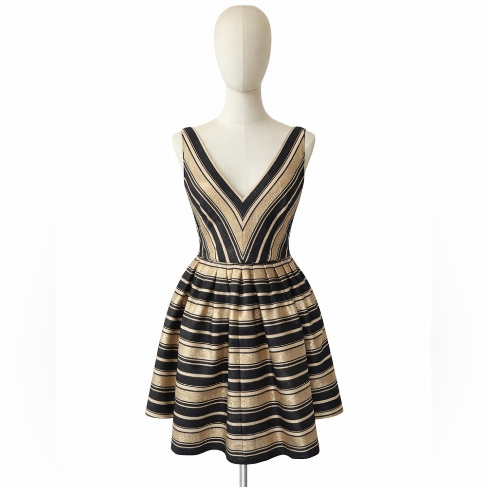 J. Crew Gold Stripe Deep V Mini Dress Charcoal Cream Size 2